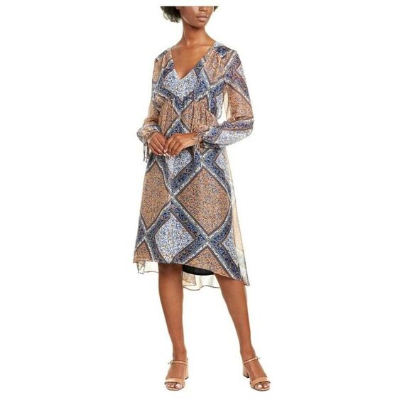 TAYLOR Womens Zippered Chiffon Cuffed Sleeve V Neck Midi Hi-Lo Dress - Picture 1 of 1